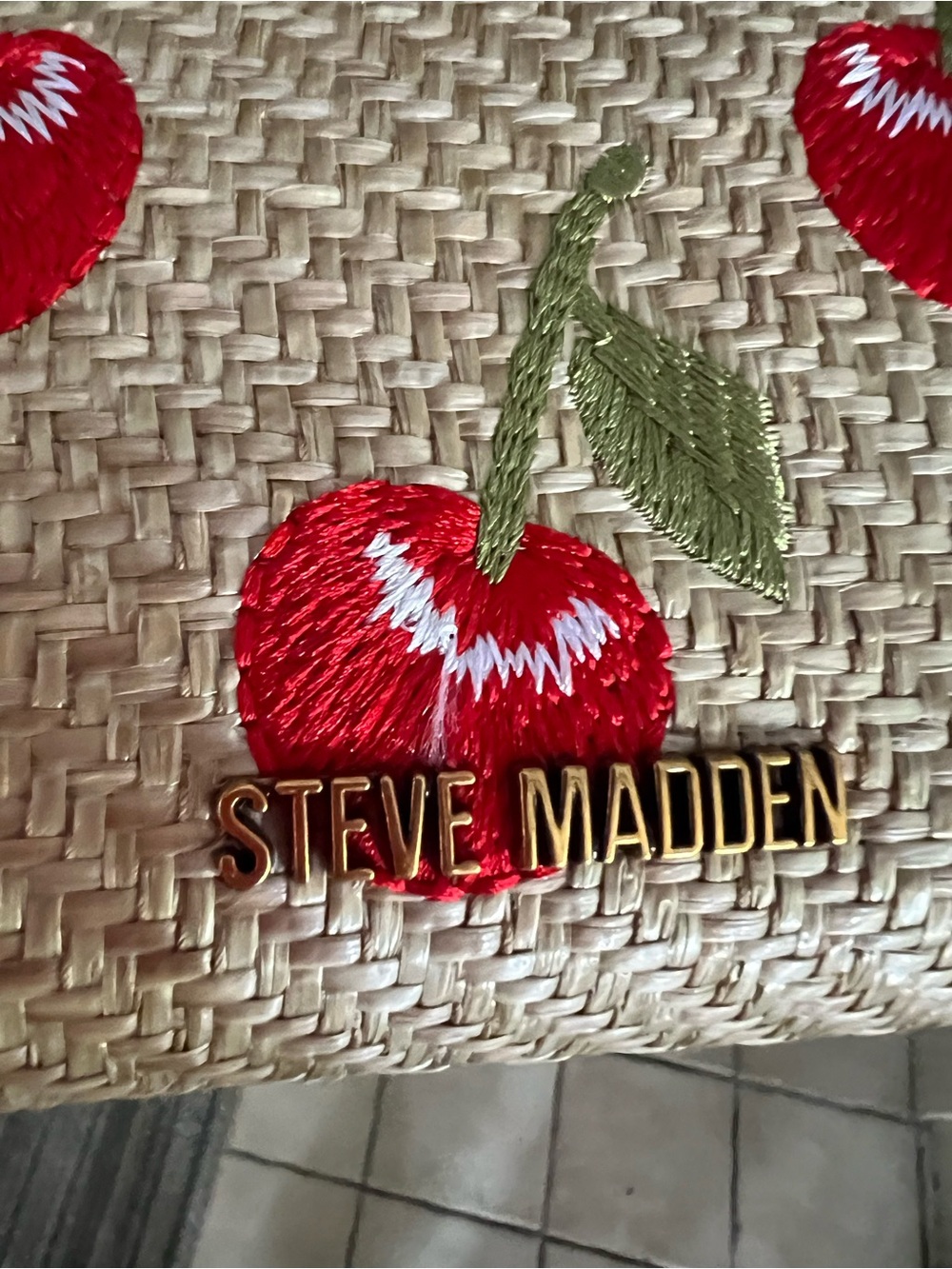 Steve Madden Red Cherry Embroidered Straw Wristlet - Picture 2 of 9